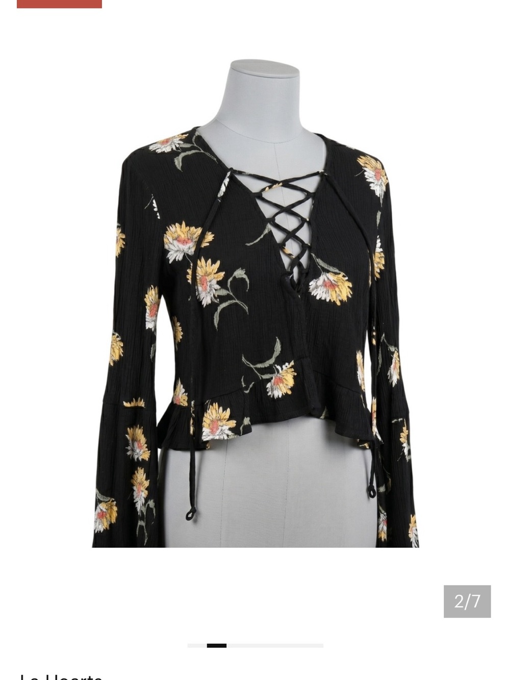 La Hearts Black Lace-Up Floral Peplum Crop Top Size Small - Picture 2 of 7